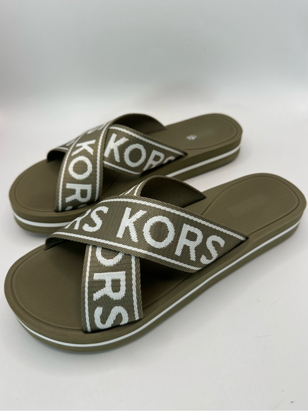Michael Kors Olive Cross-Strap Logo Slide Sandals for Kids